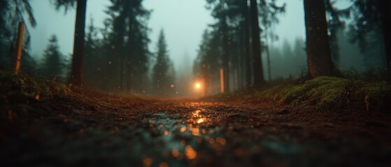 Obraz premium Moody Forest Path with Mysterious Light in Misty Twilight Environment