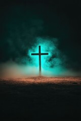 Fototapeta premium Mystical Cross Illuminated by Ethereal Glow in Foggy Night Landscape