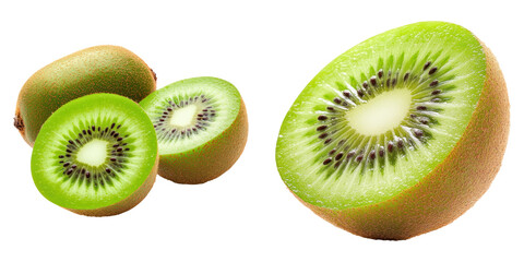 Fototapeta premium Sliced kiwi fruit with vibrant green flesh and seeds visible