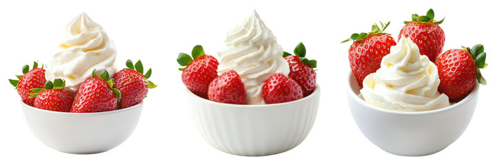 Strawberries with whipped cream in white bowls on transparency background