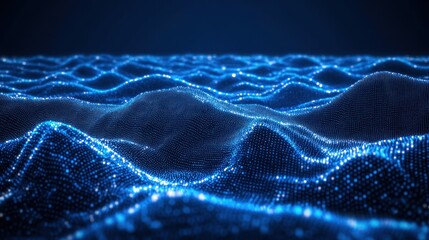 Abstract Blue Digital Landscape: A mesmerizing digital art piece showcasing a wavy terrain composed of countless glowing particles, evoking a sense of depth and serenity.
