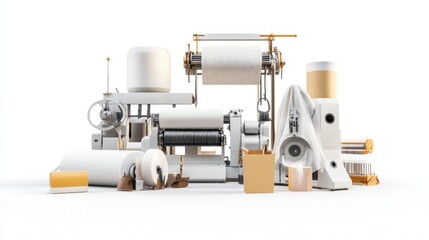 Fototapeta premium High-resolution image of a textile machinery set including weaving machines, spinning frames, and fabric cutters against a white backdrop