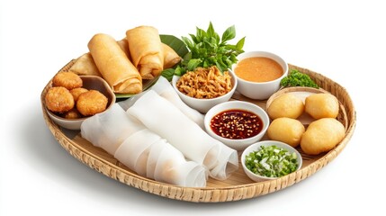 High-resolution image of a Vietnamese street snack set with grilled rice paper (banh trang nuong), fried fish cakes, and dipping sauces against a white backdrop