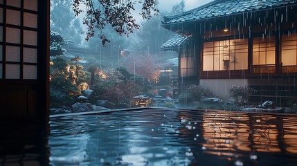Fototapeta premium Tranquil rain-soaked Japanese garden hot spring. Peaceful, misty, serene atmosphere with traditional architecture and lush greenery. Relaxing ambiance
