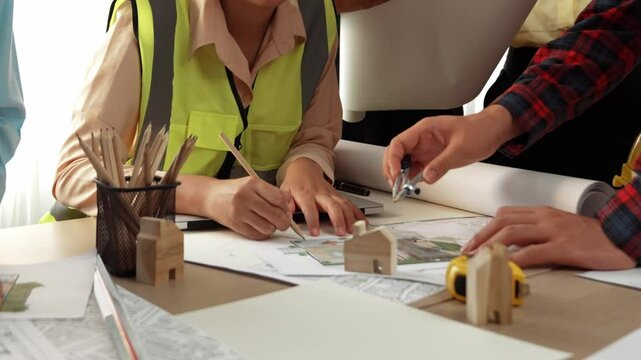 Smart architect and safety engineer discussion about building blueprint on table with architectural document, measurement tools and wooden block scatter around at modern office. Closeup. Delineation.