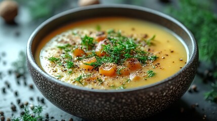 Homely atmosphere with a warm golden soup in a traditional handmade bowl with rustic details