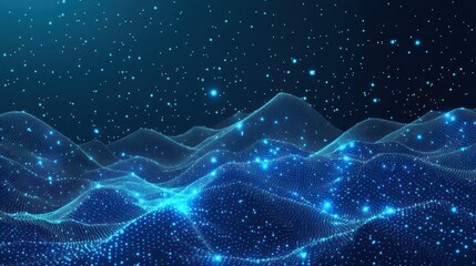Abstract Blue Digital Landscape: Glowing Particles and Celestial Waves