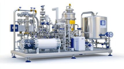 Professional image of a chemical processing machinery set with reactors, mixers, and filtration systems, placed on a seamless white background, perfect for branding, packaging, and advertising