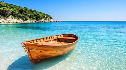 Fototapeta premium Tranquil wooden boat on a pristine beach. Crystal-clear turquoise water laps gently against the shore. Lush green hills rise from the sand