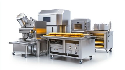 Professional image of a commercial kitchen machinery set with industrial ovens, dough mixers, and food slicers, placed on a seamless white background, perfect for branding, packaging, and advertising