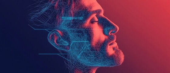 Naklejka premium 3D Digital Human Face Profile with Futuristic Neon Tech Elements