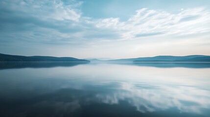 Fototapeta premium Serene lake reflecting sky and distant hills at dawn.