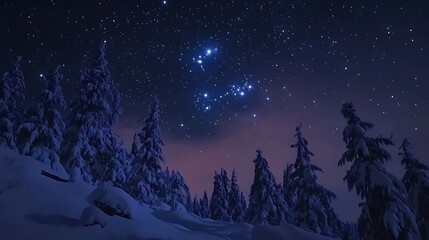 Starry night over snow-covered pine forest.