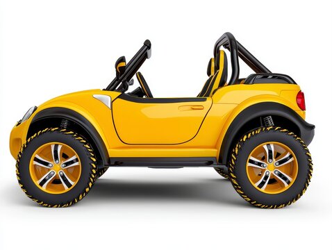 Bright yellow dune buggy captured from the side view isolated on a bright white background for automotive enthusiasts
