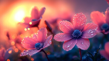 Beautiful Pink Flowers with Dew Drops in Soft Sunset Light for Nature and Floral Themes