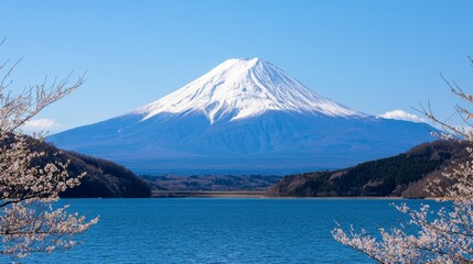 Mount Fuji stands majestically under a clear blue sky, framed by the gentle beauty of cherry blossoms, embodying the essence of spring