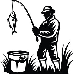 Premium quality Fisherman silhouette vector illustration, Fisherman line art vector icon design
