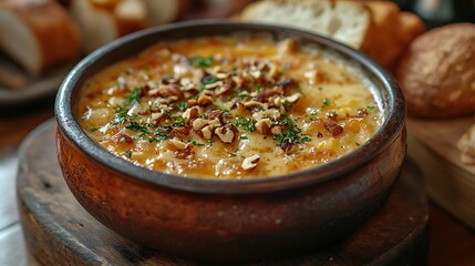 Delicious thick soup with a deep golden hue and nut toppings in a cozy rustic dining space
