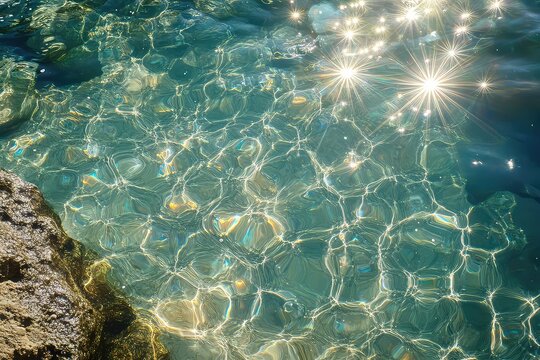 A tide poolâ€™s water sparkling with the reflections of sun rays.