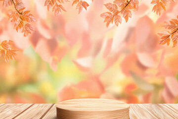 ooden product display podium with blurred nature leaves background