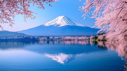 A peaceful vista of Mount Fuji, highlighted by the fragile petals of cherry blossoms, set against a clear blue sky, epitomizing spring's natural beauty