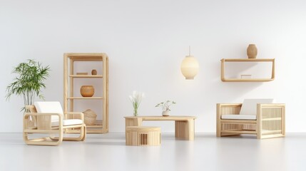 Fototapeta premium Studio shot of an elegant bamboo furniture set with chairs, tables, and shelves, isolated with soft lighting, creating a professional and natural look