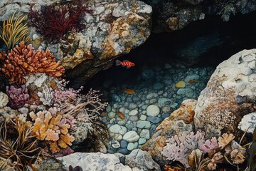 A tiny fish darting between coral pieces in a secluded rock pool.