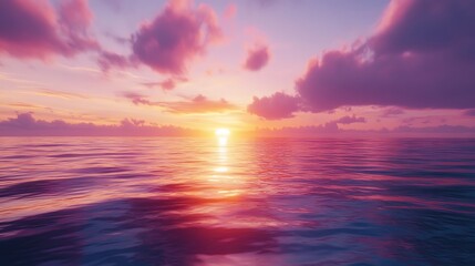 Fototapeta premium Vibrant sunset over calm ocean water, pink and purple hues.
