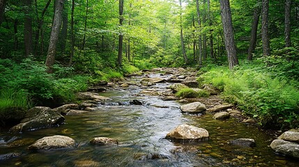 Obraz premium Serene stream flowing through lush green forest.