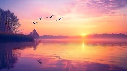 Obraz premium Serene sunrise over calm lake with birds in flight.