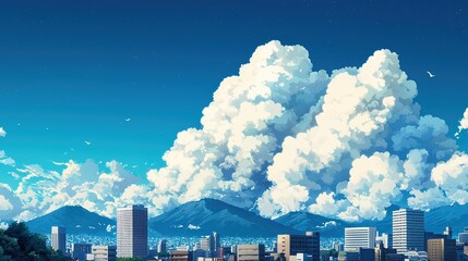 Summer sky cloudscape over city skyline urban landscape high-resolution digital artwork