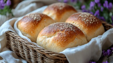 A homey display of freshly baked bread in a basket with a soft white cloth and floral decor