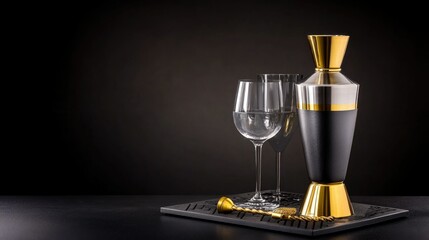 Studio shot of a professional bartender kit with a heavy-duty cocktail shaker, isolated with soft lighting, creating a professional and premium mixology look