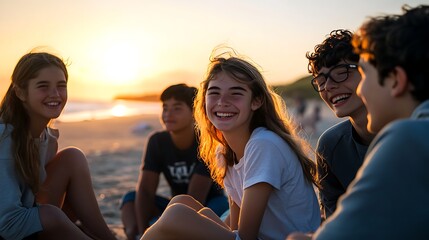Happy teenagers laughing together on a beach at sunset.