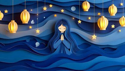 Woman in prayer, night sky backdrop
