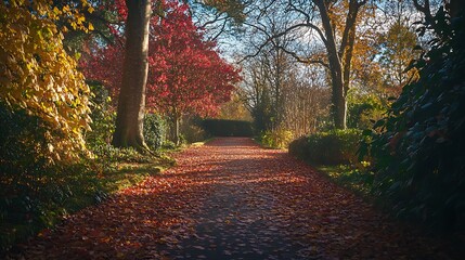 Obraz premium Sunlit autumn path strewn with red and yellow leaves, trees in vibrant fall colors.