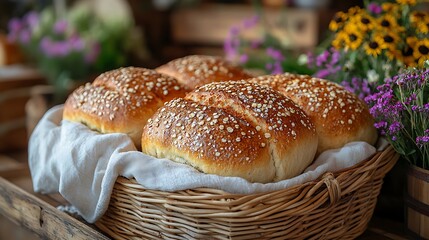 A rustic charm featuring freshly baked bread in a basket with a soft white cloth and flowers