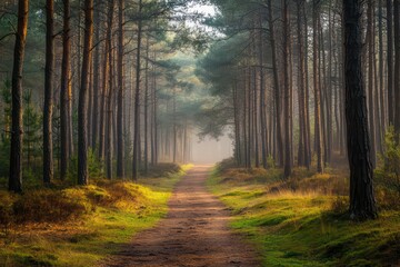 Fototapeta premium Misty morning in a majestic pine woodland with a tranquil footpath leading into the distance.