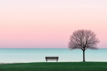 Peaceful sunrise park bench, tree, lake. Serenity scene