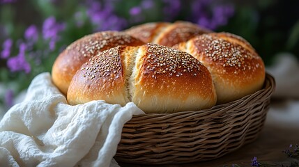 A rustic charm featuring freshly baked bread in a basket with a soft white cloth and flowers