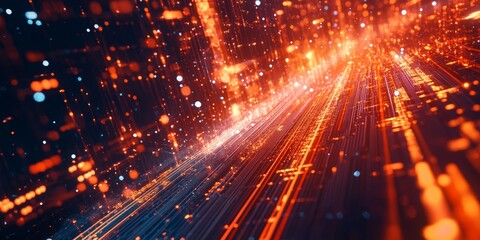 Fototapeta premium A captivating representation of glowing particles moving through an abstract digital landscape, showcasing bright colors and dynamic motion, perfect for technology themes.