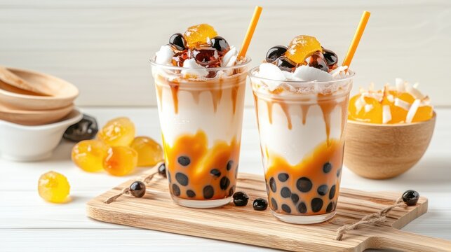 Studio shot of a Vietnamese dessert drink set with iced che, boba pearls, and coconut jelly, isolated with soft lighting, creating a professional and refreshing look