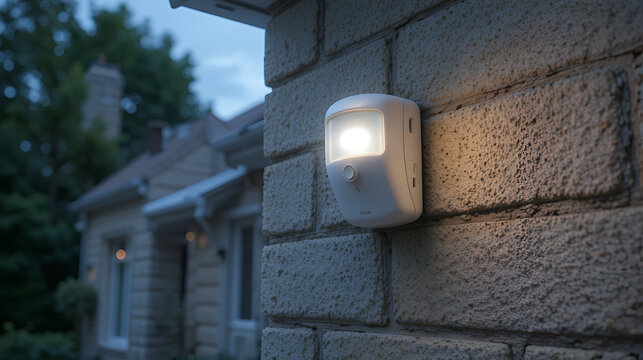 Motion sensor with light detector mounted on exterior wall of private house as part of security system