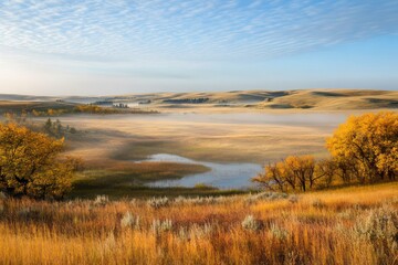 Fototapeta premium Morning mist settling over a vibrant autumn prairie with glistening dew.