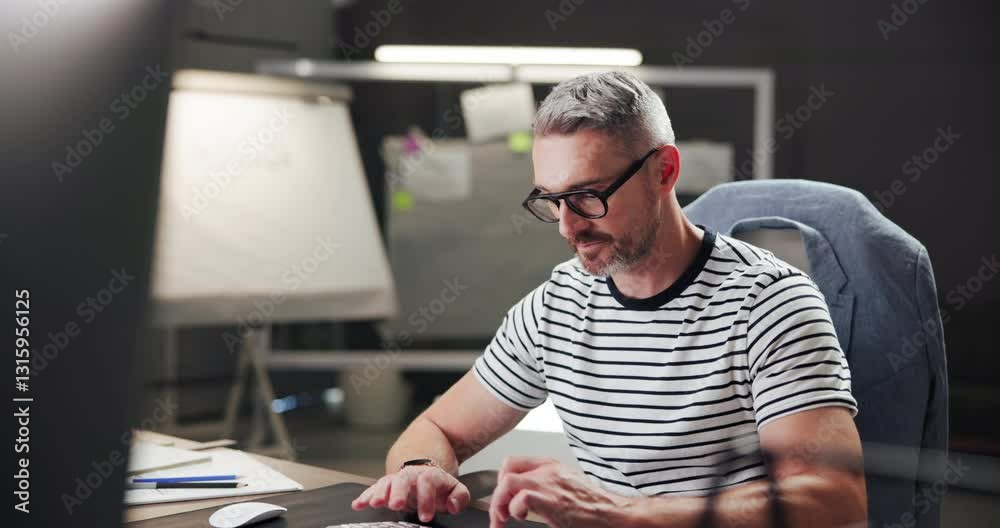 Aufkleber business, creative and man with computer, glasses and copywriter with ideas for project and article.