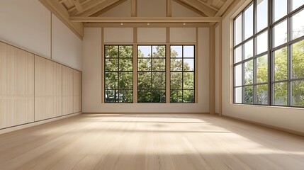 Fototapeta premium Sunlit Modern Studio Interior: 3D Render of a Spacious Room with Large Windows AI Generated
