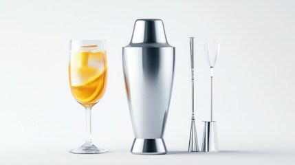 Obraz premium Ultra-detailed Hyper-realistic image of a Japanese-style cocktail shaker set with fine detailing on a pure white background, isolated, sharp details, professional studio lighting