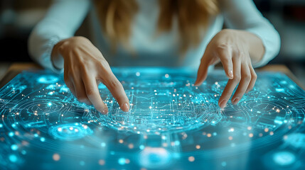 Woman interacts with a futuristic, holographic interface, manipulating data points and network connections with her fingers