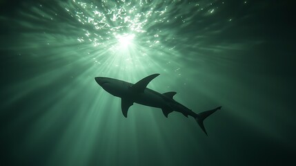 Underwater shark silhouette, sunbeams