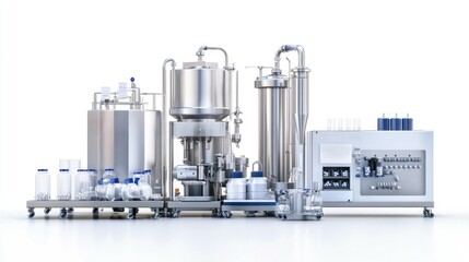Ultra-detailed Hyper-realistic image of a pharmaceutical manufacturing machinery set featuring tablet presses, capsule fillers, and sterilization equipment on a pure white background
